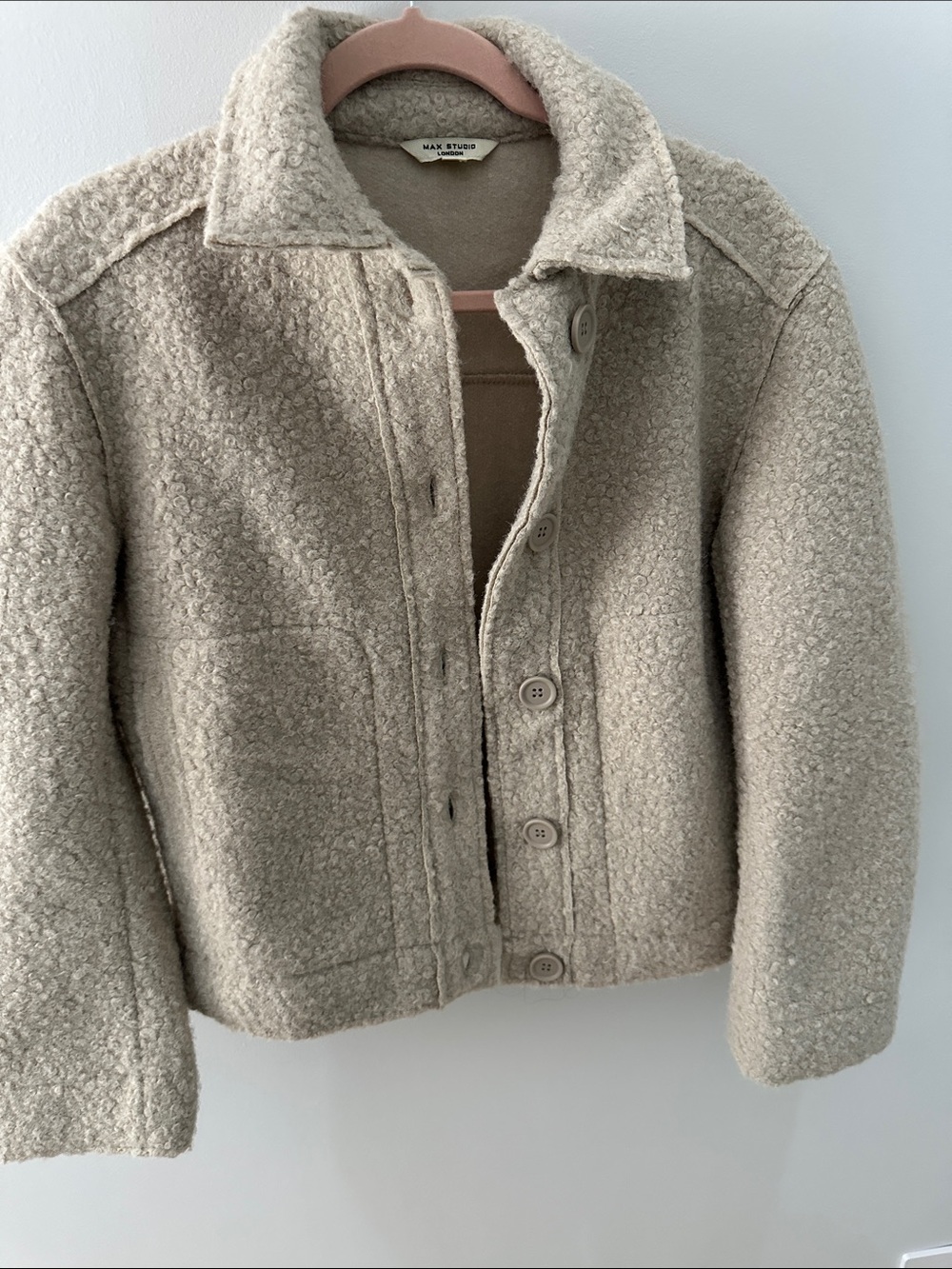 Max Studio Neutral Bouclé Button-Up Jacket in Light Taupe